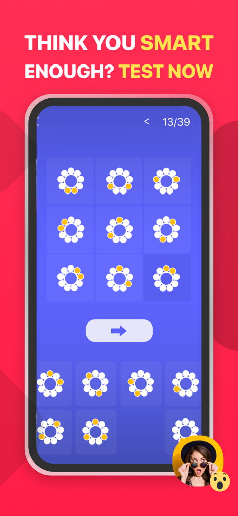 IQ Test: Fun Intelligence Quiz - Mobile app screen displaying a logic puzzle grid with multiple choice options for an intelligence test