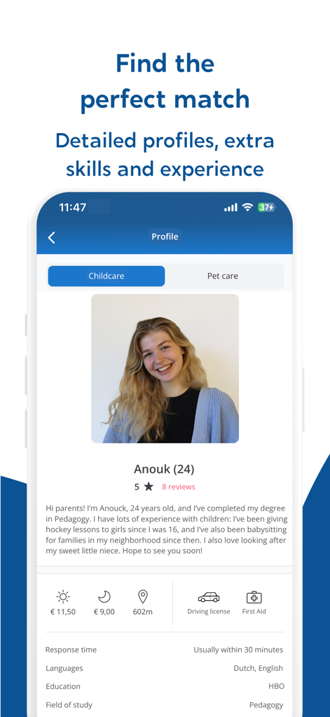 Detailliertes Babysitter-Profil in der Charly Cares App mit Bewertungen und Berufserfahrung