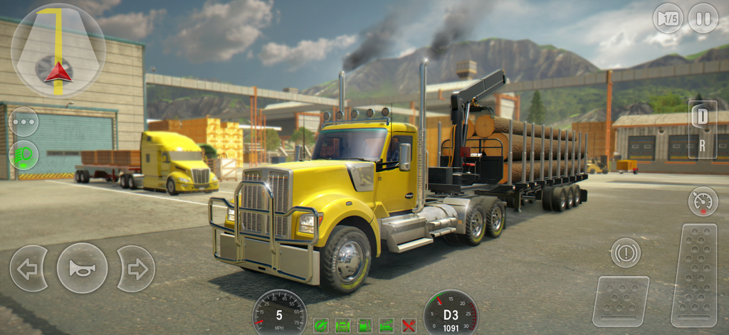 A yellow semi truck loaded with logs in an industrial shipping yard