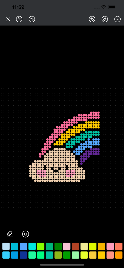 A rainbow and smiling cloud pixel art design being created in the Perler Bead Pattern Editor app