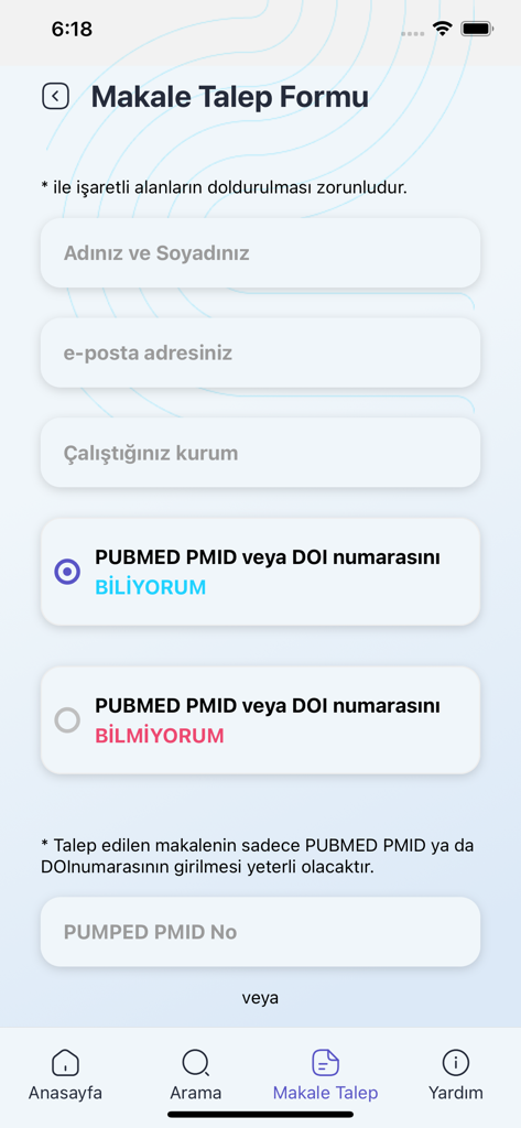 Medils - Medils mobile app interface showing the medical article request form for PubMed and DOI citations