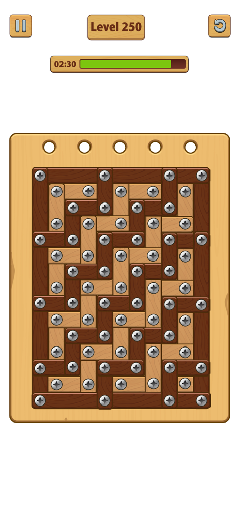 Captura de pantalla del juego móvil del Nivel 250 con barras de madera entrelazadas y tornillos de metal en un tablero de puzzle