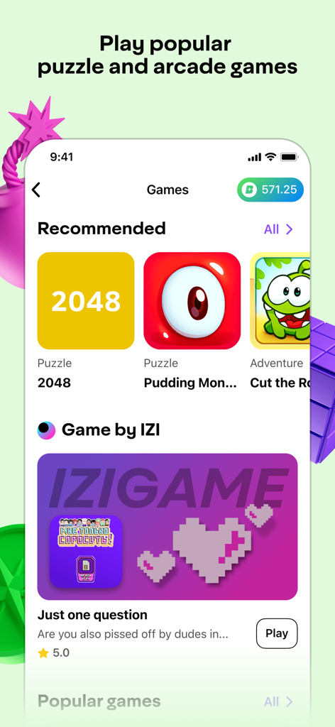 IZI: play, listen, watch, call - Captura de pantalla del catálogo de juegos de la aplicación móvil IZI que muestra populares juegos de puzzles y arcade.