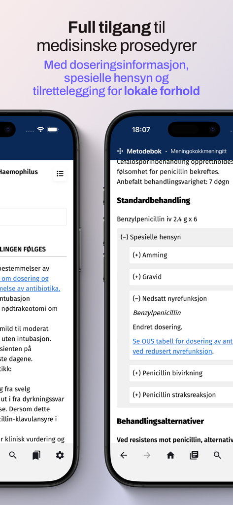 Metodebok Nett - Metodebok Nettアプリのインターフェース。医療手順と投薬情報が表示されています。