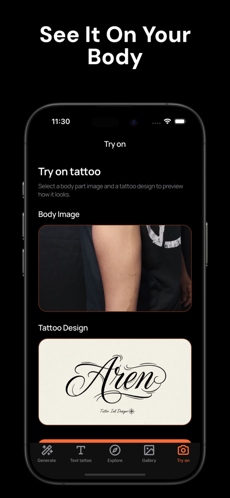 Tattoo AI Inc - モバイルアプリインターフェイス。腕の体の画像とプレビュー用に選択されたスクリプトタトゥーデザインでタトゥー試着機能を表示。