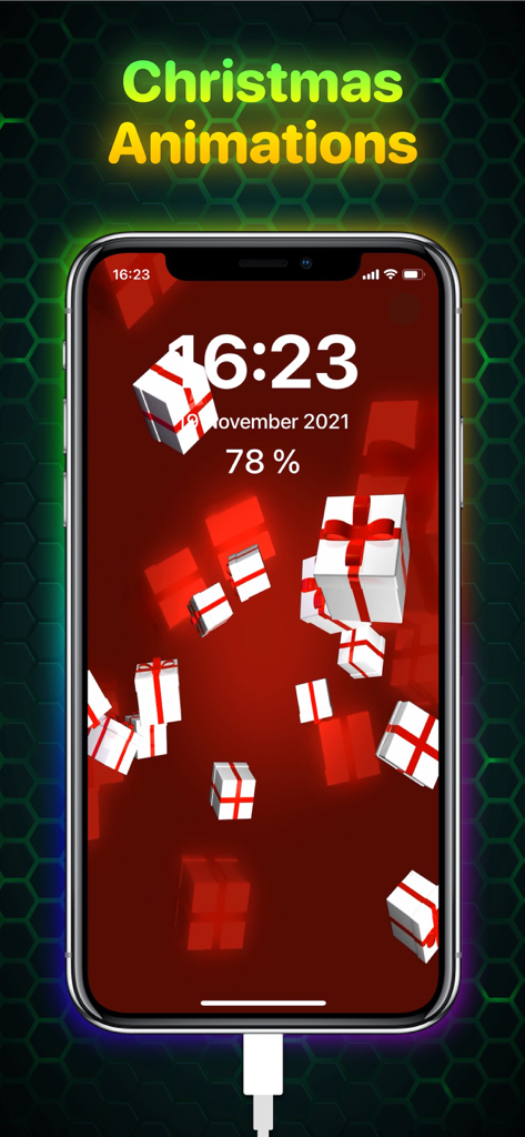 Ampere: Charging Animation App - Pantalla de iPhone mostrando una animación de carga navideña con cajas de regalo tridimensionales sobre un fondo rojo