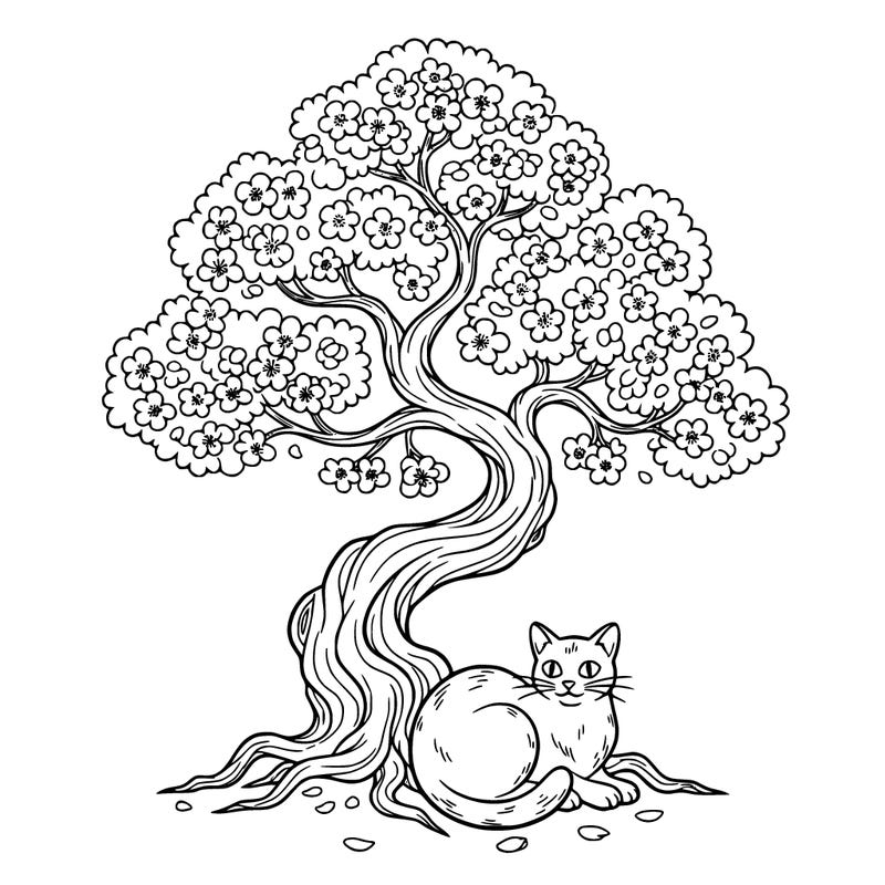 a pink blossom tree with a cat under