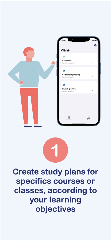 Study Planner: Schedule & task - Interface d'application mobile montrant des plans d'étude personnalisés pour divers cours comme les mathématiques et l'ingénierie logicielle.