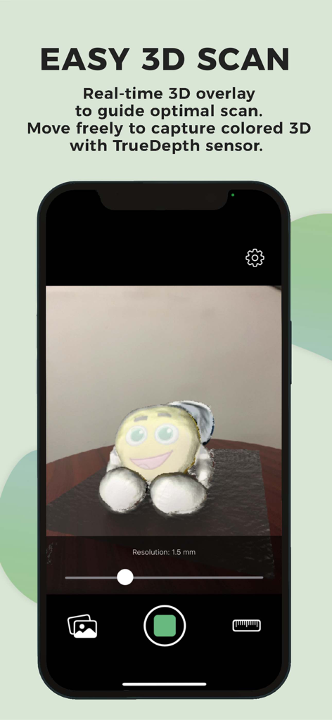 SureScan 3D Scanner, 3D App - SureScan 3D scanner app interface showing a real time 3D scan overlay of a small object
