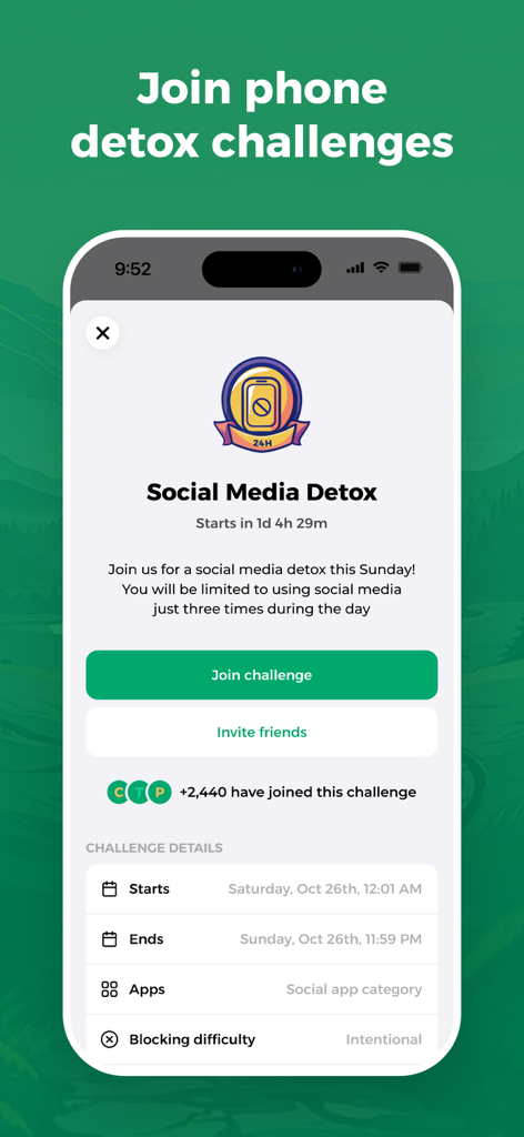 Roots app screen showing a social media detox challenge invitation with over 2,400 participants.