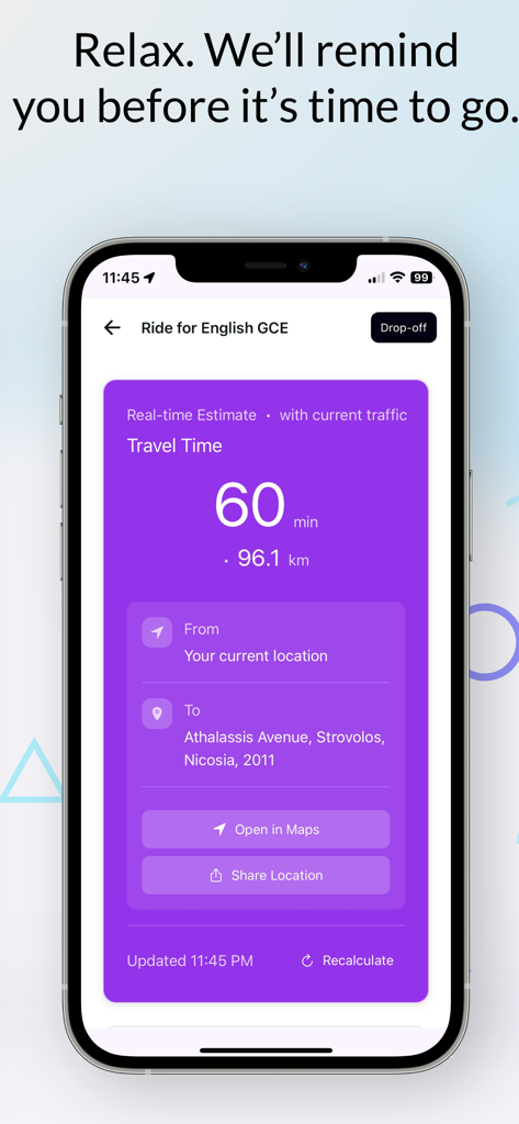 Schoolhub.io - Schoolhub mobile app showing real-time travel time and traffic for a school drop-off trip