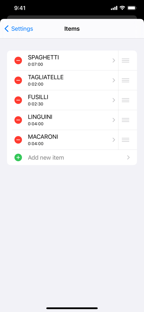 AnyTimer - A list of pasta cooking timers in the AnyTimer app settings including spaghetti and tagliatelle