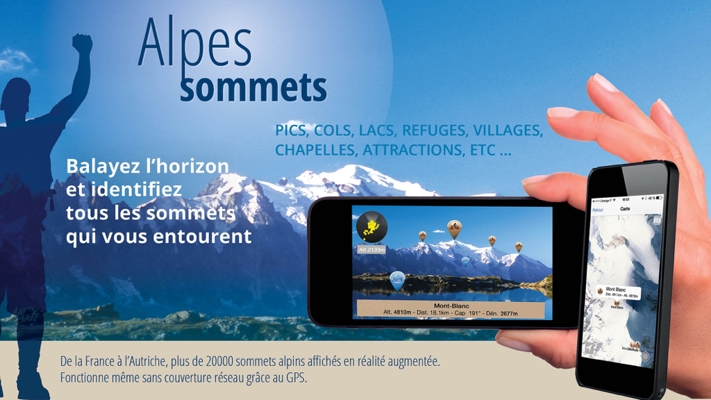 Alps Peaks AR - Alps Peaks ARアプリのマーケティング画像。スマートフォンで拡張現実の山頂識別とオフライン2Dマッピングを示しています