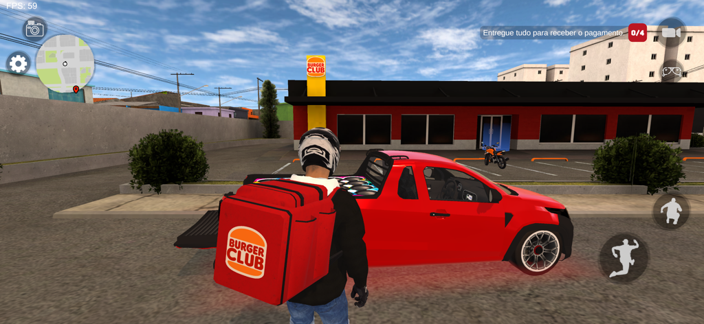 Un personaje con una mochila roja de repartidor de Burger Club de pie cerca de una camioneta roja en un entorno urbano del juego Elite Auto Brasil Moto Grau.