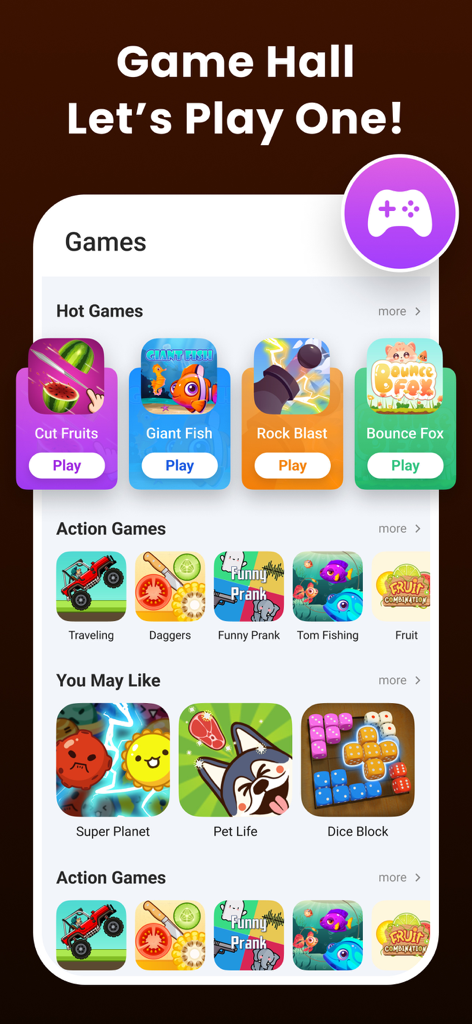 Video Player - All Formats - A game hall interface within the Video Player app featuring various mini-games like Cut Fruits and Giant Fish.