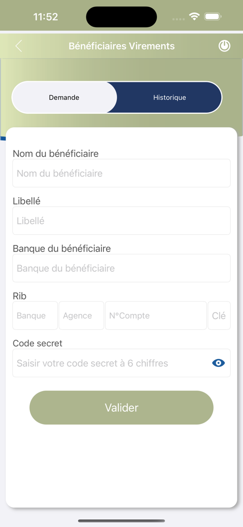 Pantalla de la aplicación móvil para agregar un nuevo beneficiario de transferencia en la aplicación bancaria BGFIMOBILE Centrafrique.