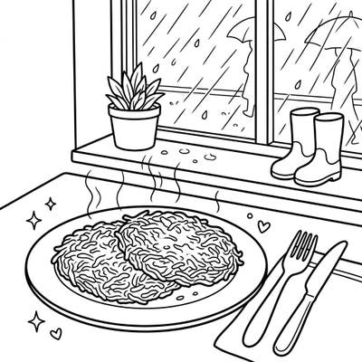 Indulge in the simple pleasure of a warm breakfast with our Hash Browns Rainy Day coloring page. Capture the comforting essence of a cozy day indoors as rain softly falls outside.
