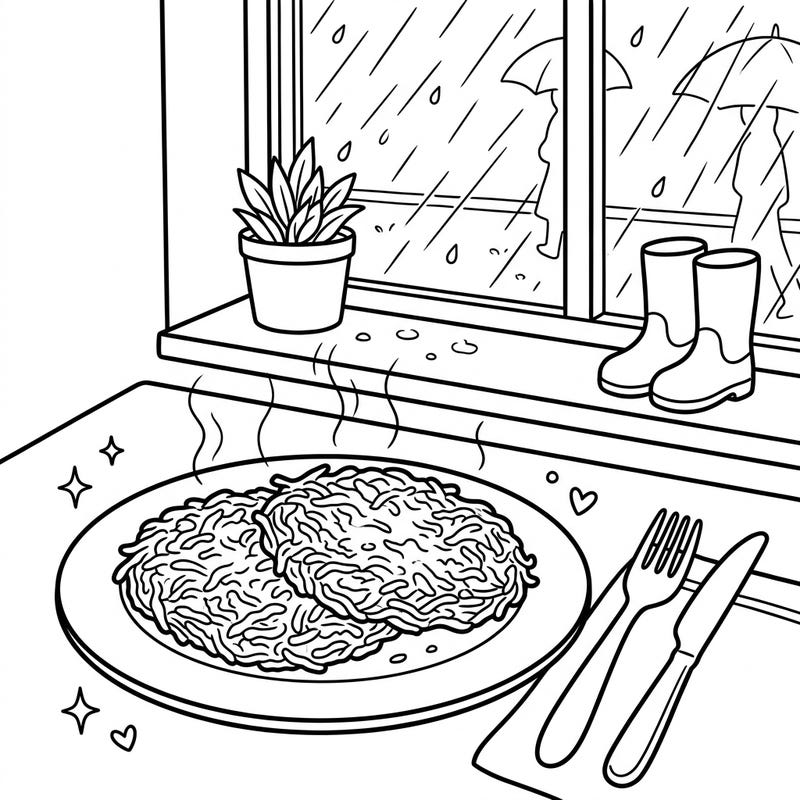 Indulge in the simple pleasure of a warm breakfast with our Hash Browns Rainy Day coloring page. Capture the comforting essence of a cozy day indoors as rain softly falls outside.