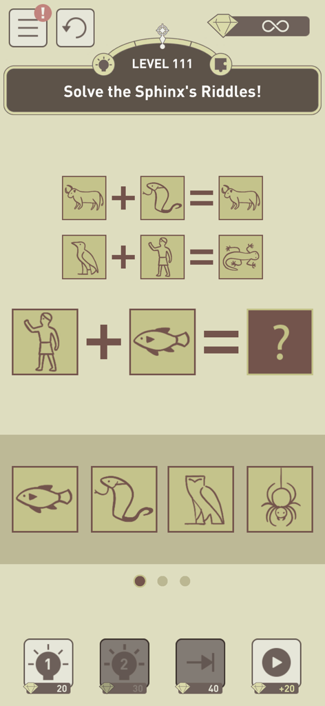 Un nivel de puzle de lógica de acertijo de esfinge en la aplicación móvil IQ Dungeon.