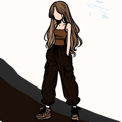 girl in baggy pants crop top and long hair