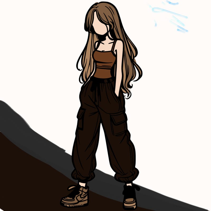 girl in baggy pants crop top and long hair