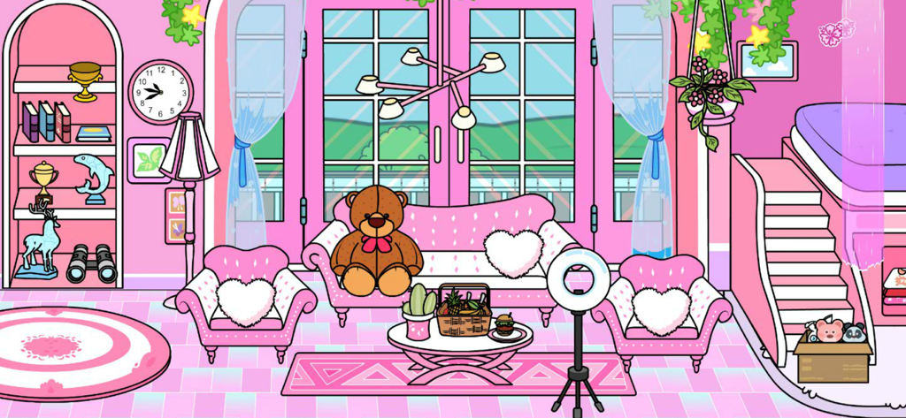 A bright pink living room in a digital dollhouse game with a teddy bear on a sofa heart pillows and luxury furniture