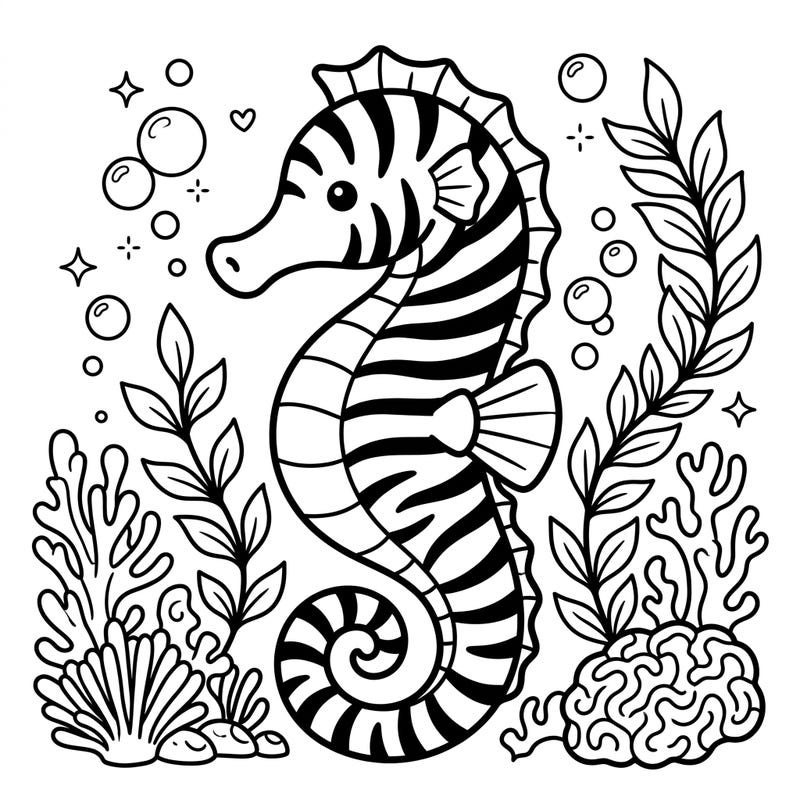 Discover the enchanting world beneath the waves with this delightful Zebra Seahorse coloring page. Designed for young artists, it combines marine magic with fun, easy-to-color stripes and ocean flora.