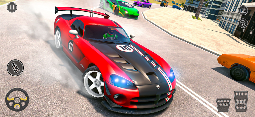 Extreme Car Racing: Stunt Game - Carro esportivo vermelho realizando uma derrapagem em uma pista de corrida urbana