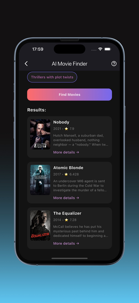 Cinego movies Watchlist - Cinego app interface showing AI movie recommendations for thrillers with plot twists