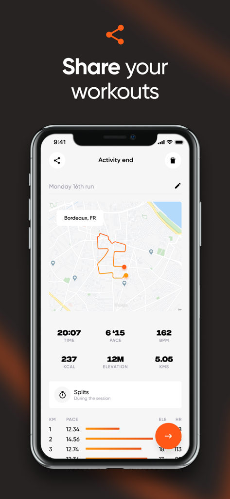 Running Coach - Run & Walk - Smartphone screen displaying a completed run summary with map, pace, and health statistics.