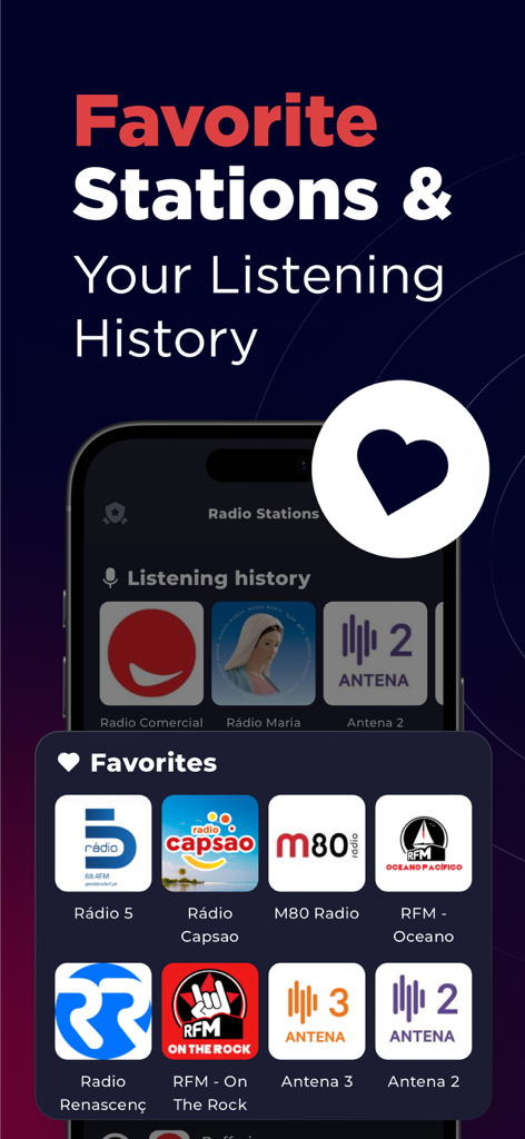 Interfaz de la aplicación Radio Portugal mostrando las secciones de favoritos e historial de escucha con varios logotipos de emisoras