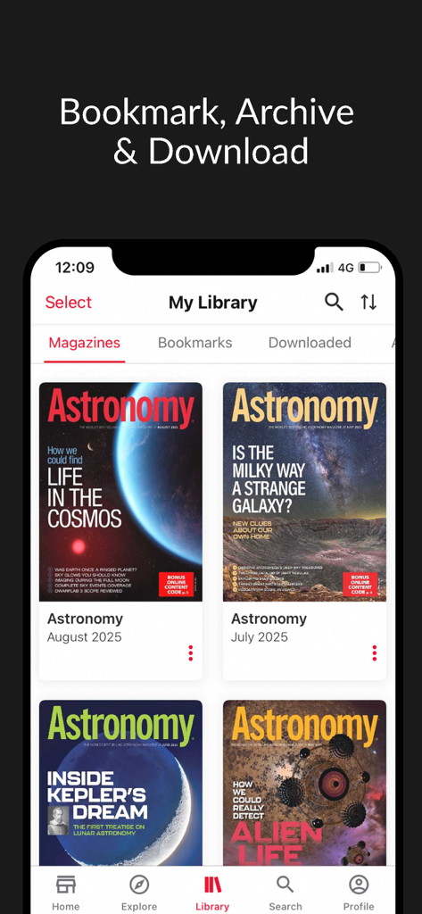 Astronomy Magazine - Astronomy Magazine app My Library screen showing monthly issues for download and bookmarking