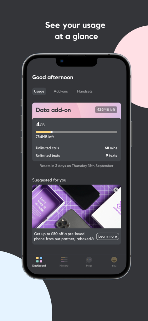 SMARTY - Panel de la app SMARTY que muestra el uso de datos móviles en tiempo real y el estado del plan