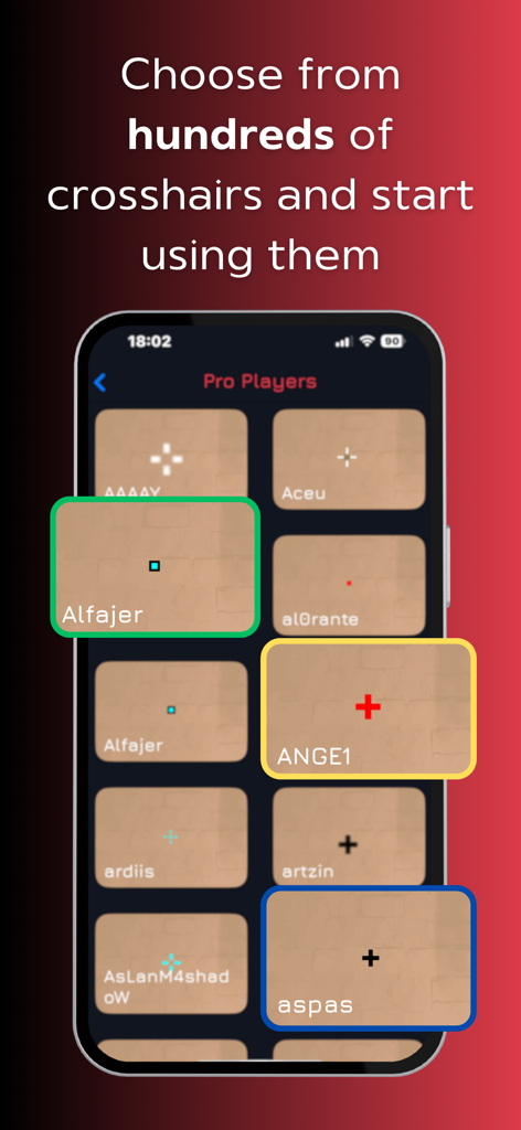Un écran mobile montrant une galerie de différents paramètres de réticule Valorant nommés d'après des joueurs professionnels comme Alfajer et Aspas.