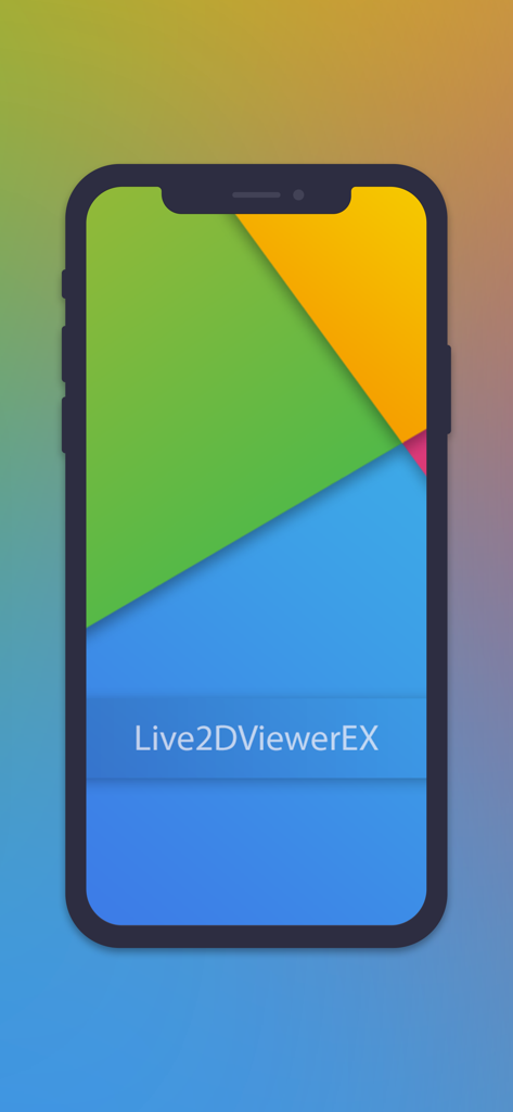 Live2DViewerEX - Intro screen for Live2DViewerEX featuring the app name on a colorful geometric background inside a smartphone frame
