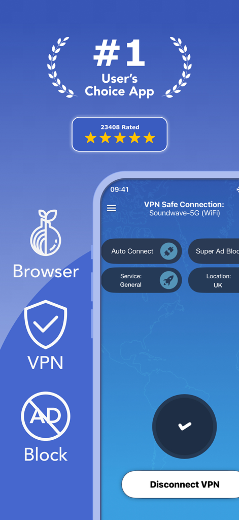 Onion Browser - Unlimited VPN - Interface do Navegador Onion mostrando conexão VPN segura, recursos de bloqueio de anúncios e altas classificações de usuários.