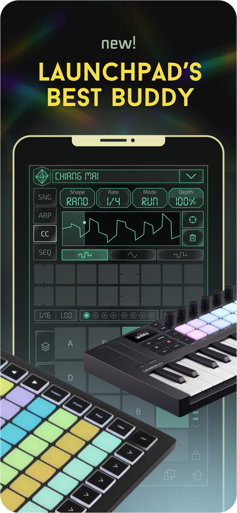 Prism MIDI Sequencer - Interfaz de la aplicación Prism MIDI Sequencer en un dispositivo móvil que se muestra con controladores MIDI Novation Launchpad y Launchkey