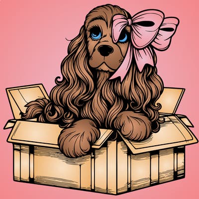 a spaniel american cocker with a beautiful bow coming out if a box realistic cute