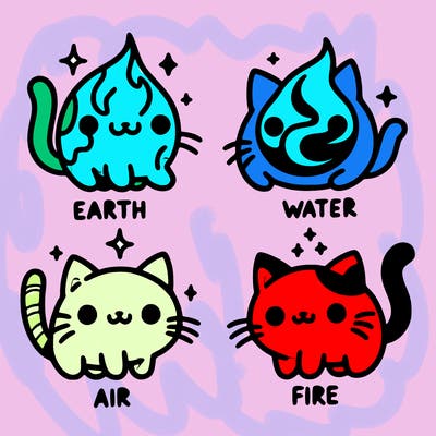 4 cats that represent the different elements, earth, water, air, and fire