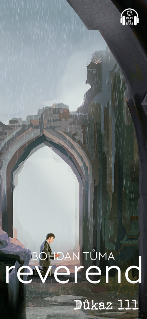 Důkaz 111 - Un hombre arrodillado en oración dentro de un arco de piedra durante un día lluvioso para el juego de audio Evidence 111.