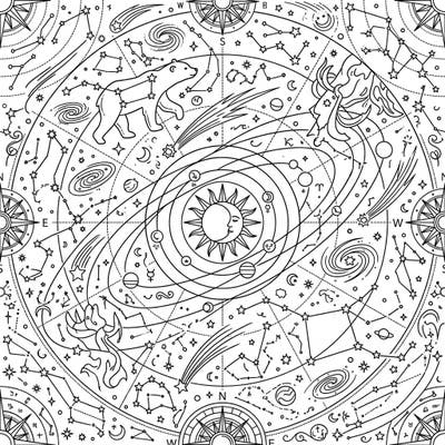 Unleash your inner astrologer with this mesmerizing celestial map coloring page. Dive into a universe of intricate constellations, orbiting planets, and swirling galaxies, offering hours of creative exploration.