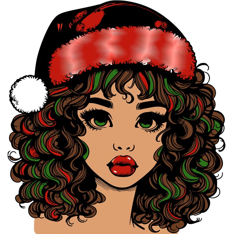 realistic girl with a santa hat curly hair and lips