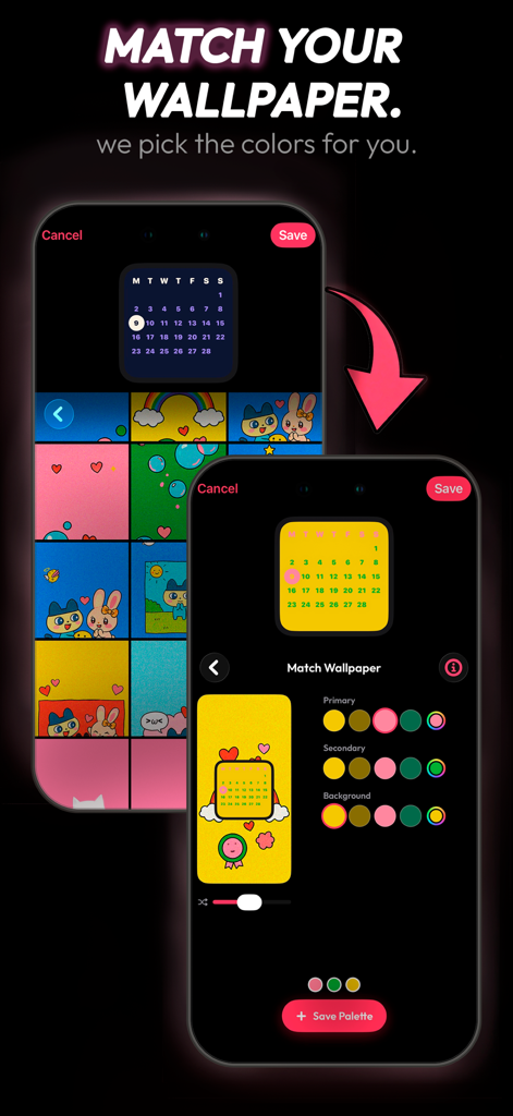 Anime widgets & themes: Yume - Interface of the Yume app showing how to automatically match widget colors to an anime wallpaper