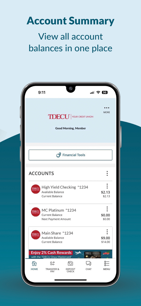 TDECU Digital Banking - TDECU Digital Banking app account summary screen showing multiple account balances on a mobile device.