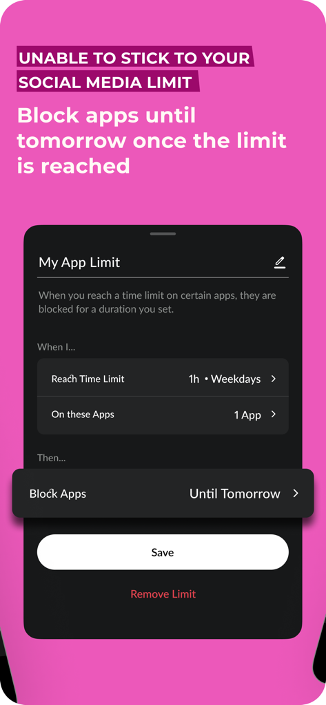 Zenze - App Time Limit - Interfaz para establecer un límite de tiempo diario de uso de aplicaciones y bloquear aplicaciones de redes sociales hasta el día siguiente.