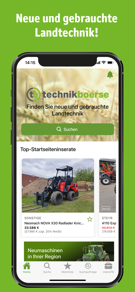 A tela inicial do aplicativo technikboerse exibindo anúncios de máquinas agrícolas e uma barra de pesquisa