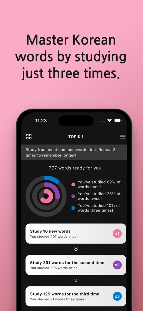 Master TOPIK Voca app interface displaying vocabulary study progress through three repetition stages
