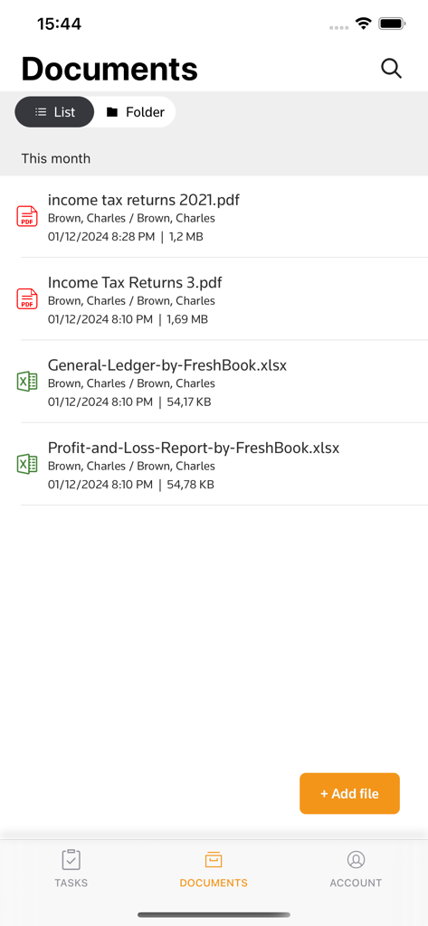Onvio Client Center - Schermata Documenti in Onvio Client Center che mostra un elenco di dichiarazioni fiscali e report finanziari.
