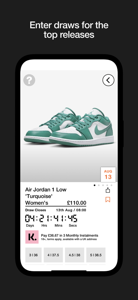 size? launches의 모바일 앱 인터페이스, 카운트다운 타이머 및 사이즈 선택 기능이 있는 Air Jordan 1 Low Turquoise 스니커즈 추첨 응모를 보여줍니다.