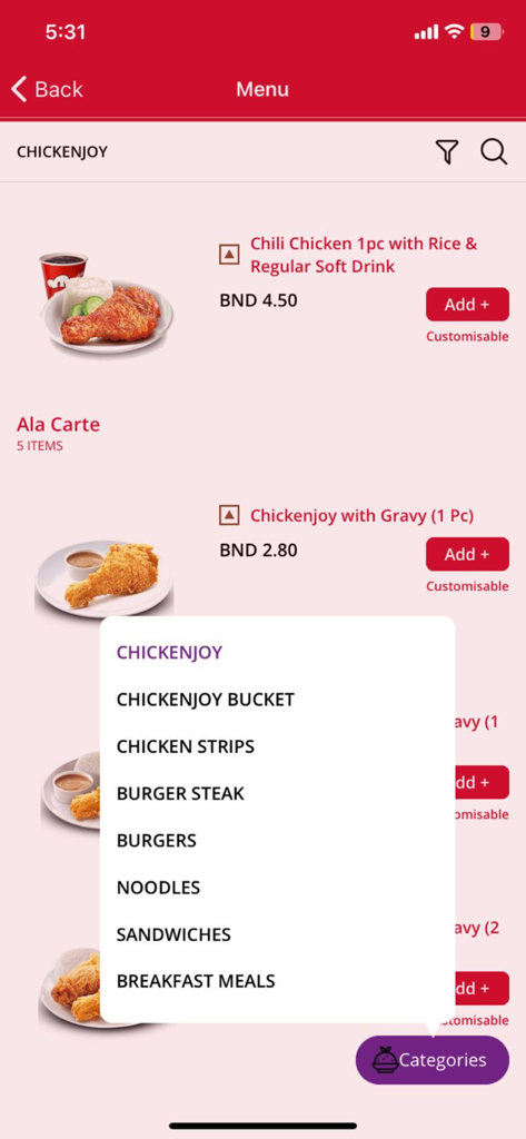 Jollibee Brunei - Jollibee Brunei mobile app menu interface showing chickenjoy items and a category selection menu